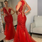 BURGUNDY ONE-SHOULDER LACE APPLIQUE BACKLESS MERMAID TULLE PROM DRESSES gh2451
