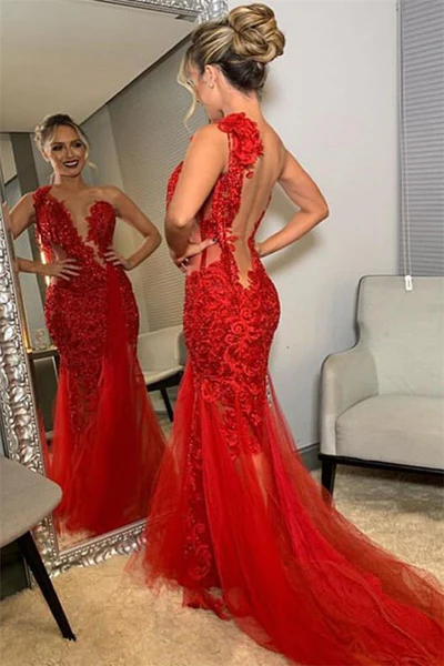 BURGUNDY ONE-SHOULDER LACE APPLIQUE BACKLESS MERMAID TULLE PROM DRESSES gh2451