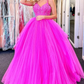 Robe de soirée longue en tulle et dentelle fuchsia à col en V, robe de soirée formelle en dentelle fuchsia, robe de bal fuchsia gh2562