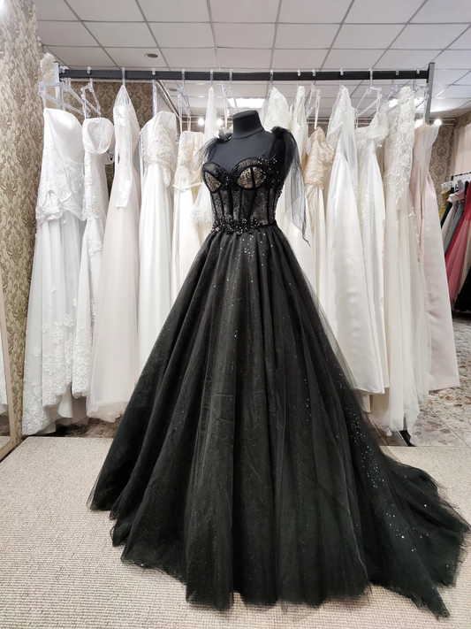 Tulle black applique beaded A-line maxi corset dress party dress off-the-shoulder gown ball gown elegant evening dress gh2106