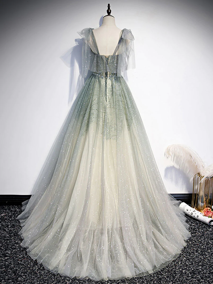 Gray Green Tulle Sequin Beads Long Prom Dress, Green Evening Dress gh2 ...