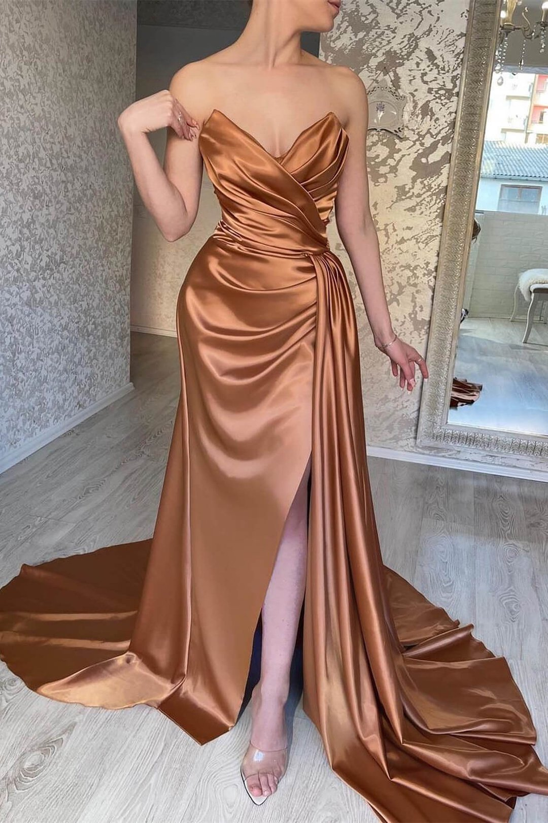 Sleeveless Mermaid Brown Sweetheart Prom Dress Split With Ruffles gh1958