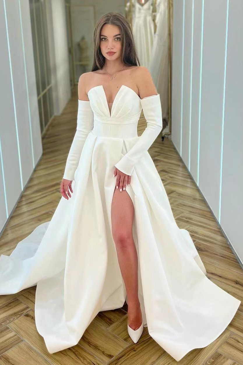 White V-Neck Long Sleeves A-Line Prom Dress With Split gh1932