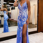 Blaues Ballkleid-Abendkleid mit V-Ausschnitt und langem Schlitz, bedruckt, bestickte Spitze, gh2240