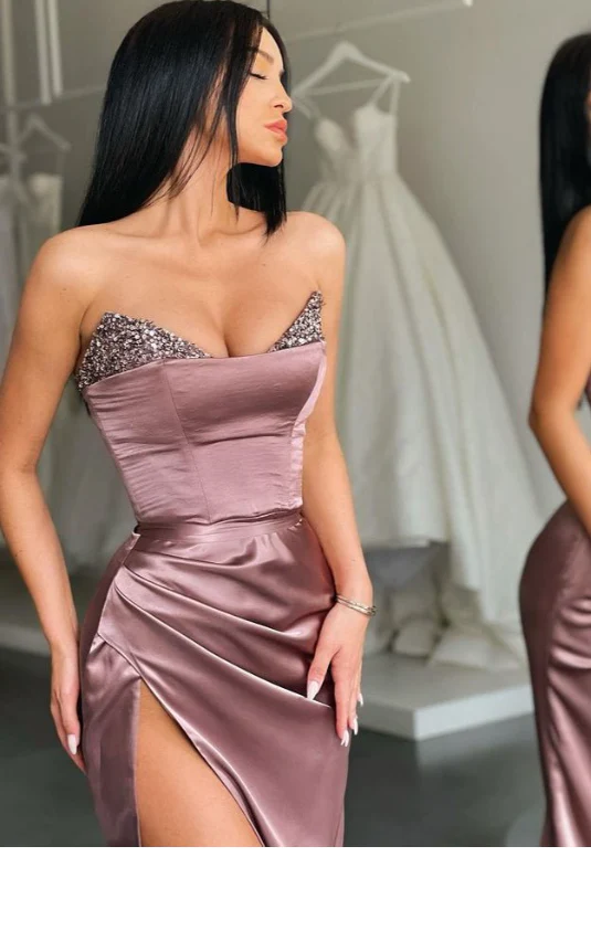 Strapless Sparkly Sequins Mermaid Side Slit Long Prom Dress With Train,Party Dress,Evening Dress ,Slit Dress  gh2393