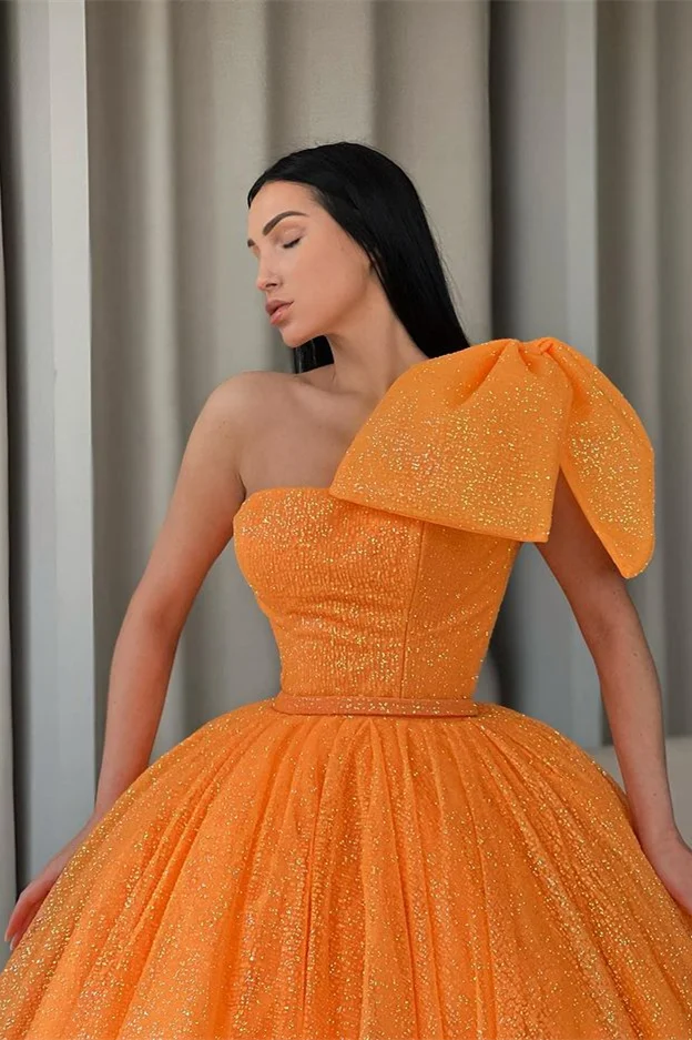 Ball Gown Orange Prom Dress Sequins With Bowknot One Shoulder gh2540