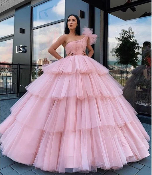 Bezaubernde Ballkleid-Tüll-Rosa-Schulter-lange Abschlussball-Kleider, Quinceanera-Kleider gh2091