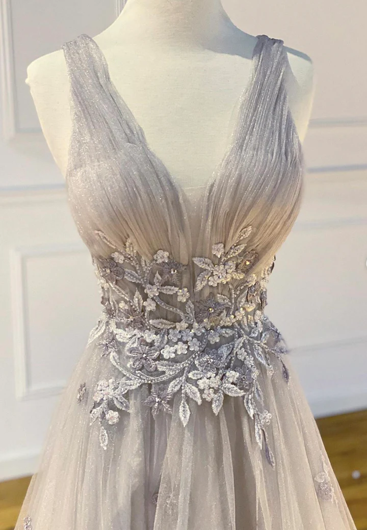 Graues Tüll-Spitzen-Abschlussballkleid Abendkleid gh2287