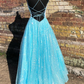 Blue Shiny A-line Long Formal Dress with Lace Up Back gh2161