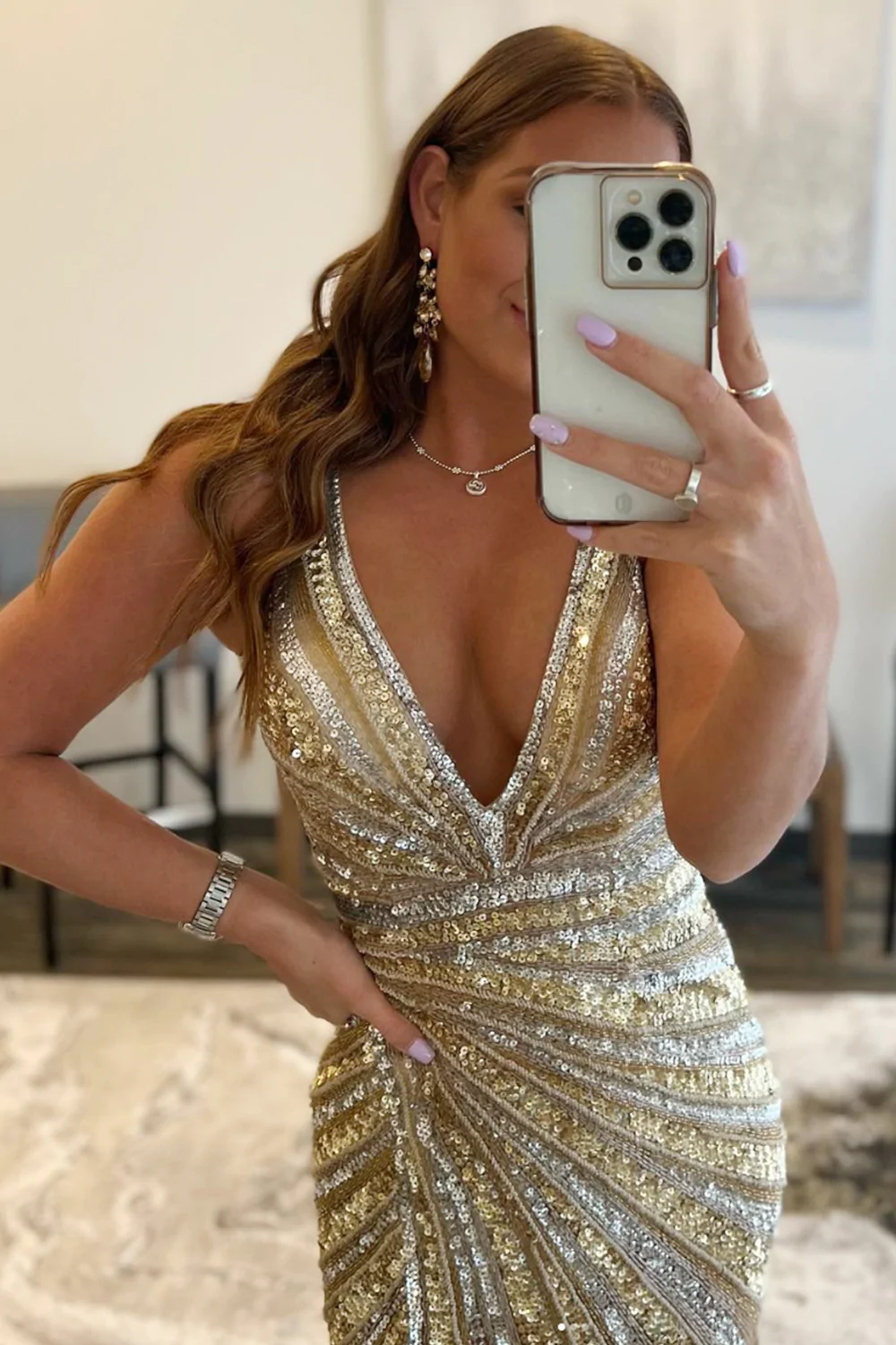 Sparkly Golden V-Neck Sequins Long Prom Dress gh2560