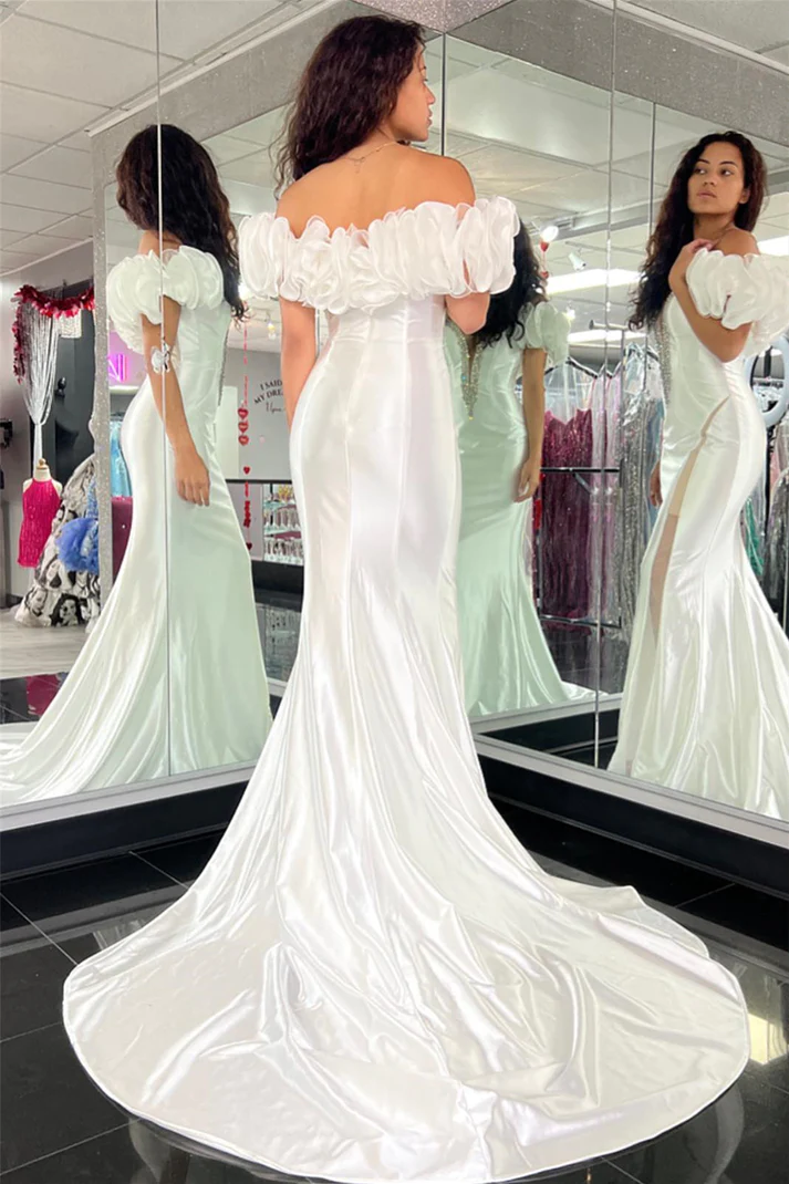 White Mermaid V Neck Ruffle Off-the-Shoulder Long Prom Dress with Beaded gh2615