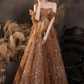 Champagner glänzendes elegantes langes Ballkleid aus Tüll mit mehreren Lagen gh2226