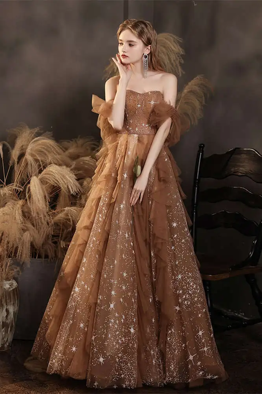 Robe de soirée longue en tulle brillant et élégant de couleur champagne gh2226