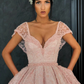 Wunderschönes rosa Ballkleid mit V-Ausschnitt und bodenlanger Organza-Perlen-Häkelblumen-Abendkleid gh2221