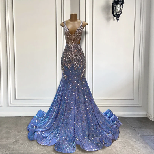 Luxury Long Prom Dresses Sparkly Mermaid Style Silver Crystals Light Blue Prom Party Gowns gh2656