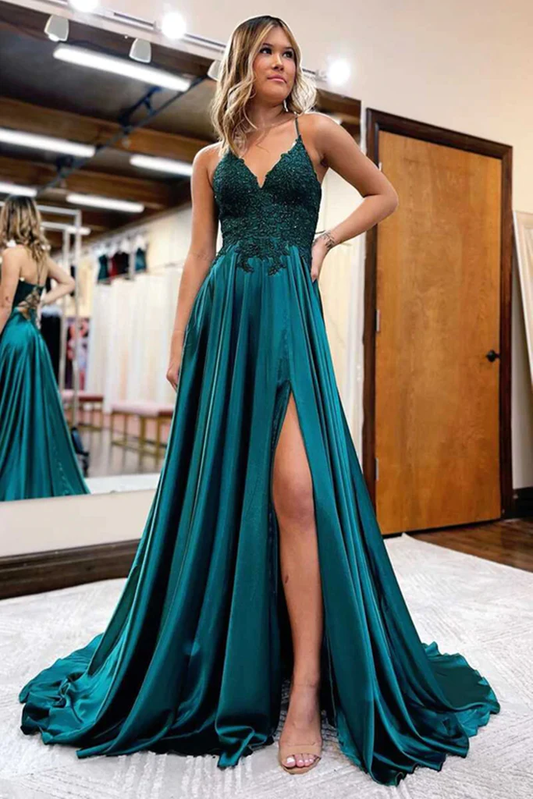 Robe de soirée longue en dentelle perlée verte à col en V avec fente haute et dos ouvert, robe de soirée formelle verte gh2652