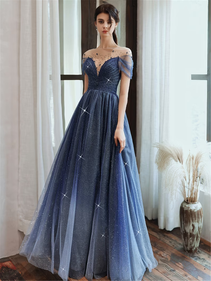 Sternenblaues Ballkleid Schulterfreies Eventkleid mit Blumenmuster Funkelndes langes Partykleid Aline Eventkleid Langes Kleid mit Farbverlauf Fairy Glitter Dress gh2637