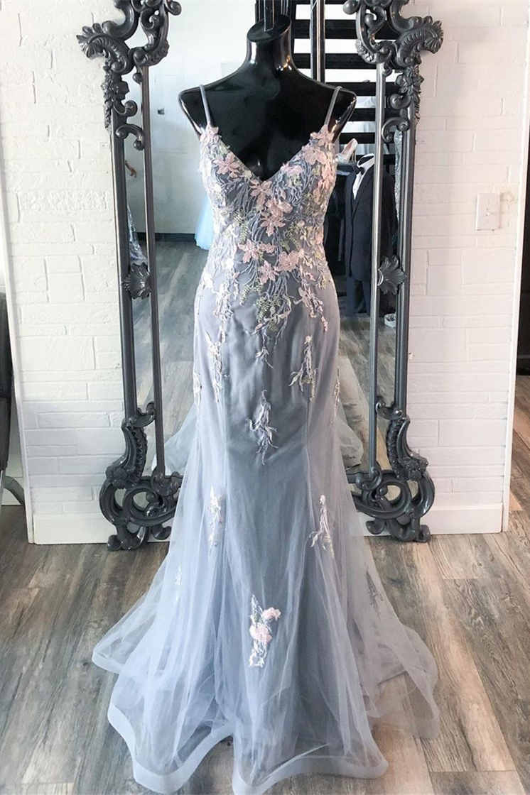 Elegant Mermaid Grey Prom Dress with Embroidery gh2653