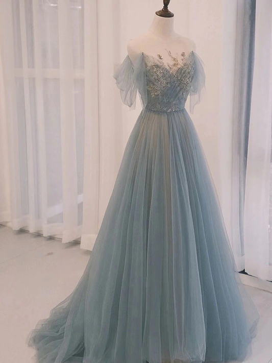 Robe de bal longue en tulle gris bleu à décolleté dégagé avec paillettes gh2638