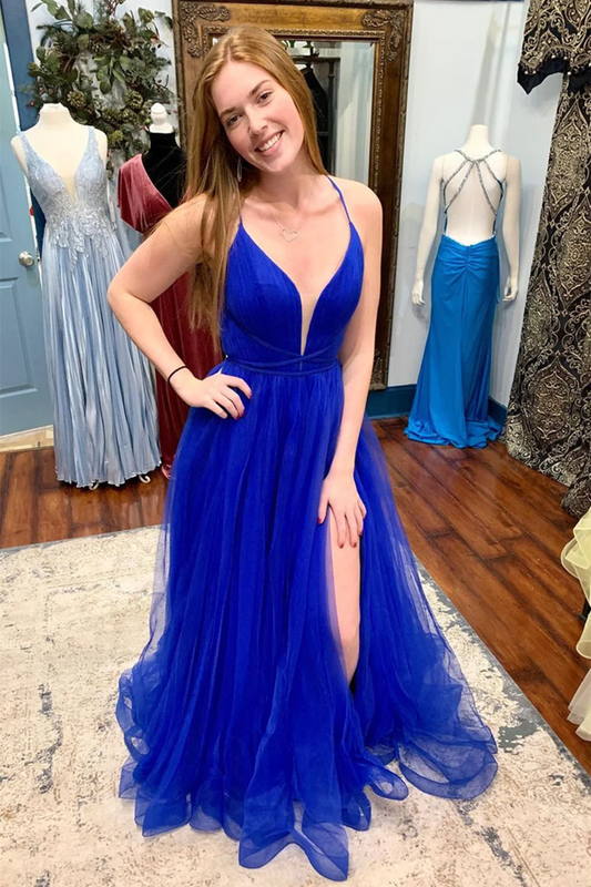 V Neck Backless Blue Tulle Long Prom Dresses with High Slit, Backless Blue Formal Graduation Evening Dresses gh2645