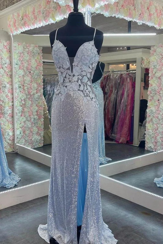 Straps Light Blue Elegant Sheath Evening Dresses Sequins Appliques Long Prom Dresses gh2655