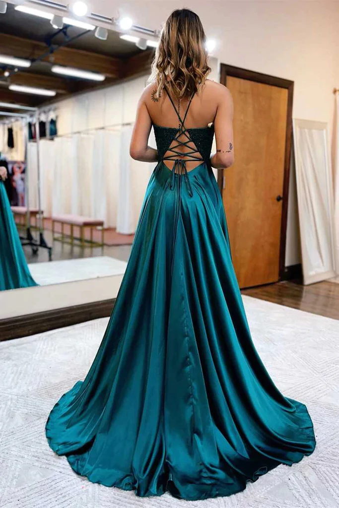 Robe de soirée longue en dentelle perlée verte à col en V avec fente haute et dos ouvert, robe de soirée formelle verte gh2652