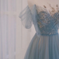 A-Linie U-Ausschnitt Tüll Grau Blau Langes Ballkleid mit Pailletten gh2638