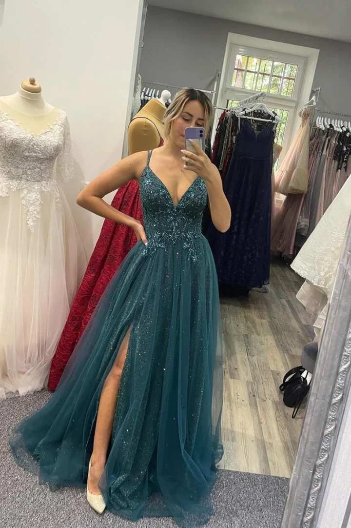 V-Neck Tulle Beading Long Prom Dresses, A-Line Evening Dresses gh2649