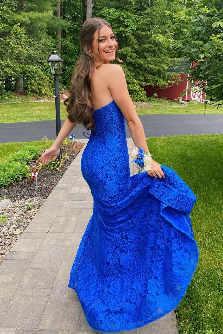 Strapless Royal Blue Lace Prom Dress with Slit gh2629