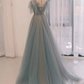 A-Linie U-Ausschnitt Tüll Grau Blau Langes Ballkleid mit Pailletten gh2638