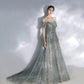 Gray tulle sequins long prom dress A line evening dress  10113