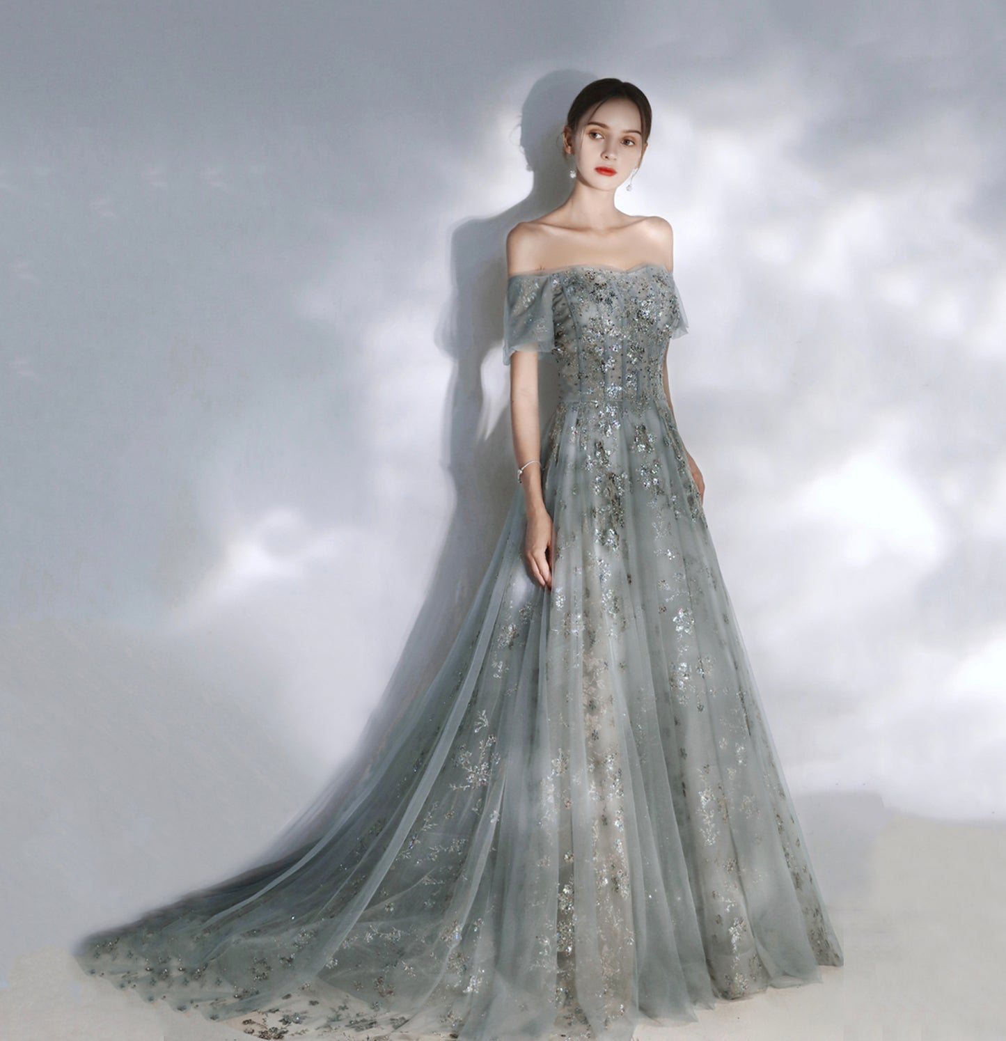 Gray tulle sequins long prom dress A line evening dress  10113