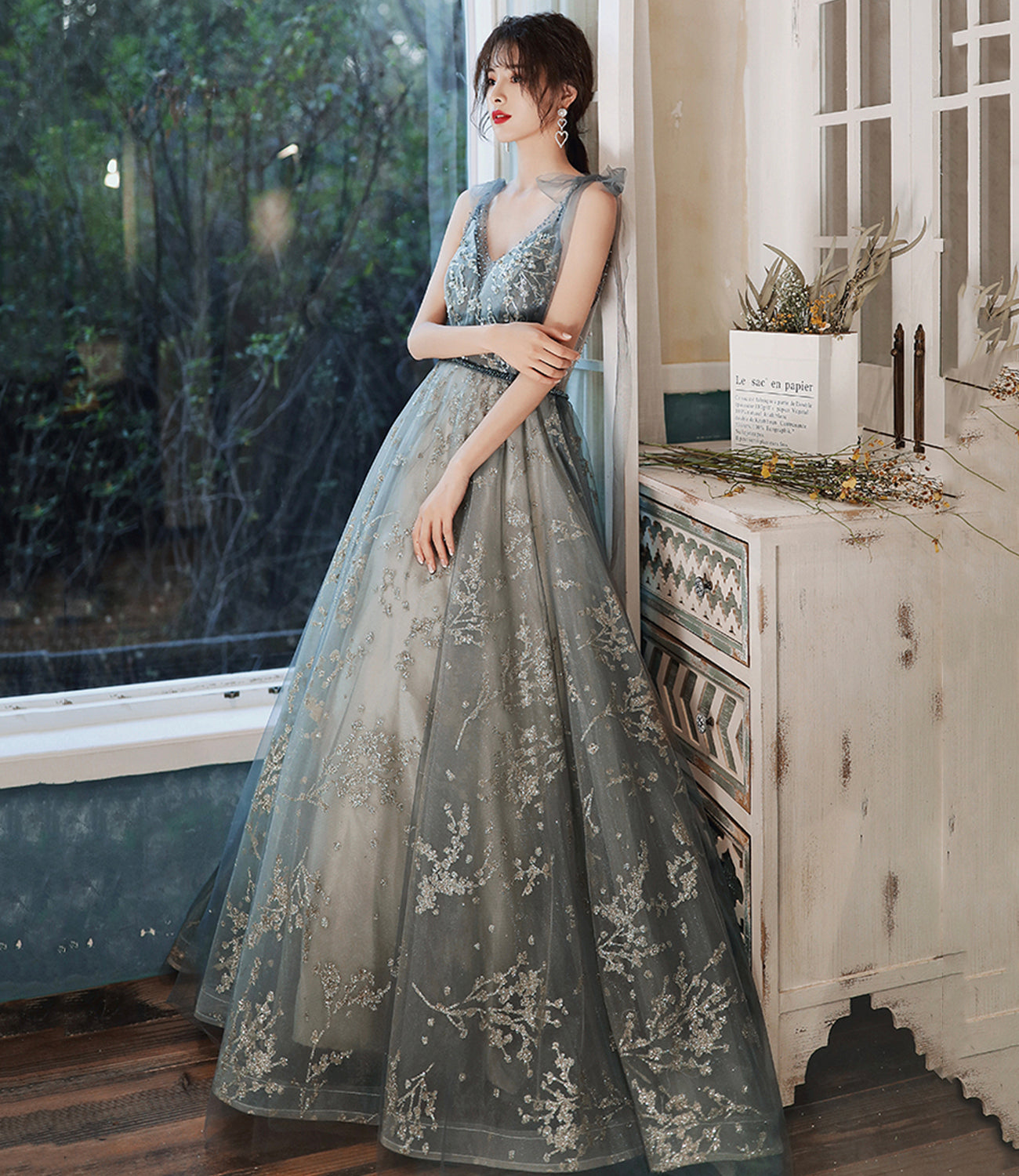 Gray tulle sequins long prom dress evening gown  10121