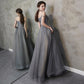 Gray tulle beads long prom gown A line evening gown  10111