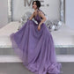 Purple tulle lace long prom dress A line evening gown  10127