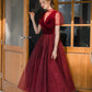 Burgundy tulle short prom dress A line evening dress  8647