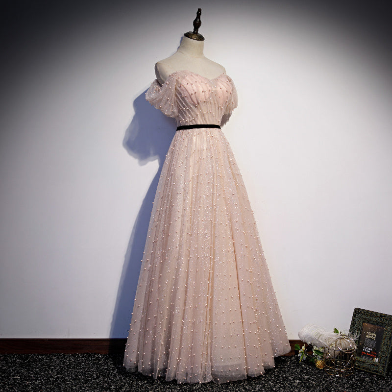 Lovely A line tulle pearl long prom dress evening dress  8685