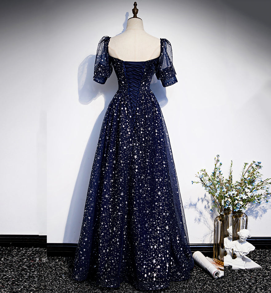 Blue tulle long prom dress blue evening dress  8425