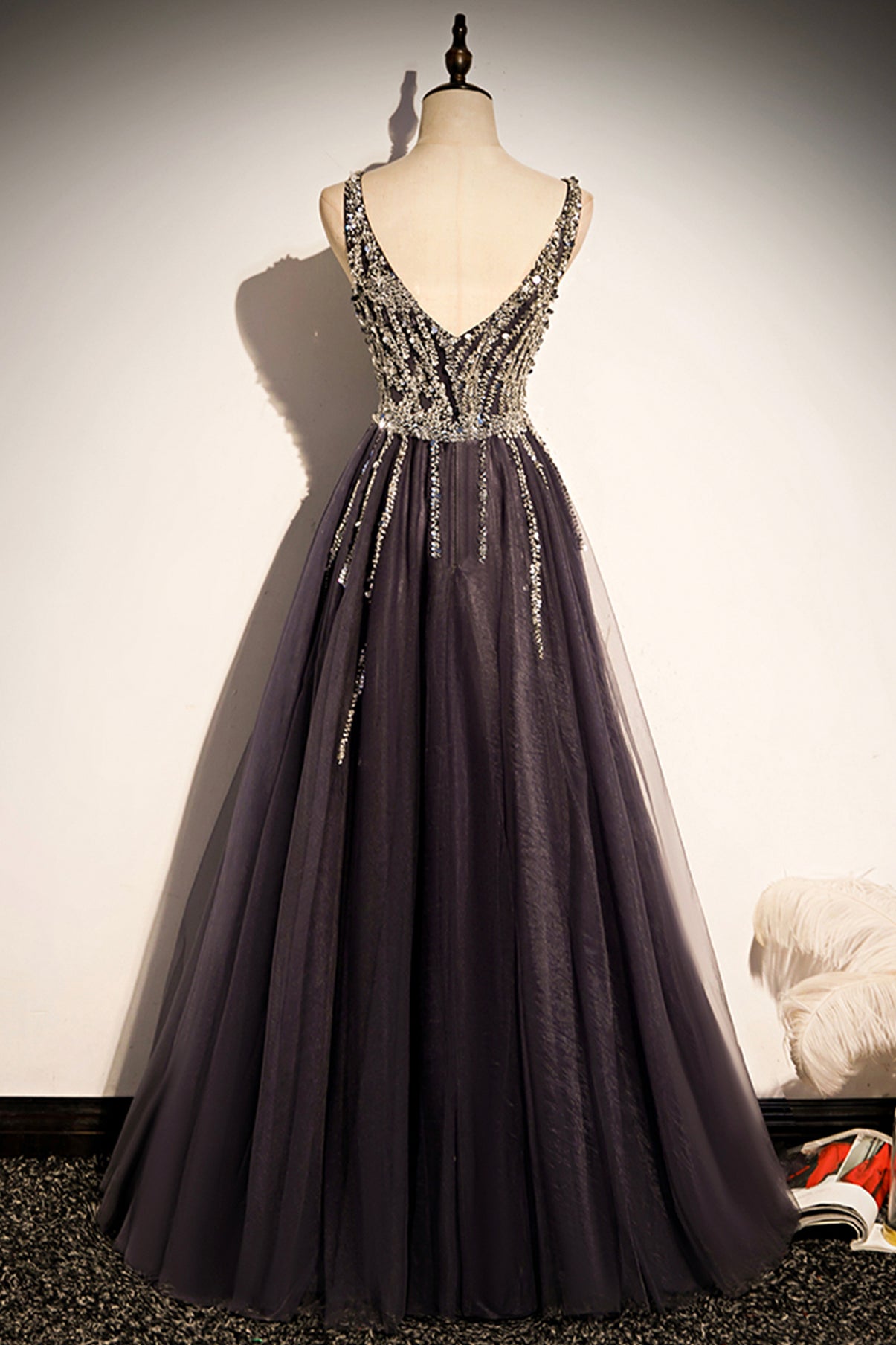Stylish v neck tulle long prom dress A line evening dress  8640