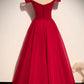 Red tulle long A line prom dress red evening dress  8639