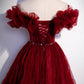 Burgundy tulle long prom dress A line evening gown  10006