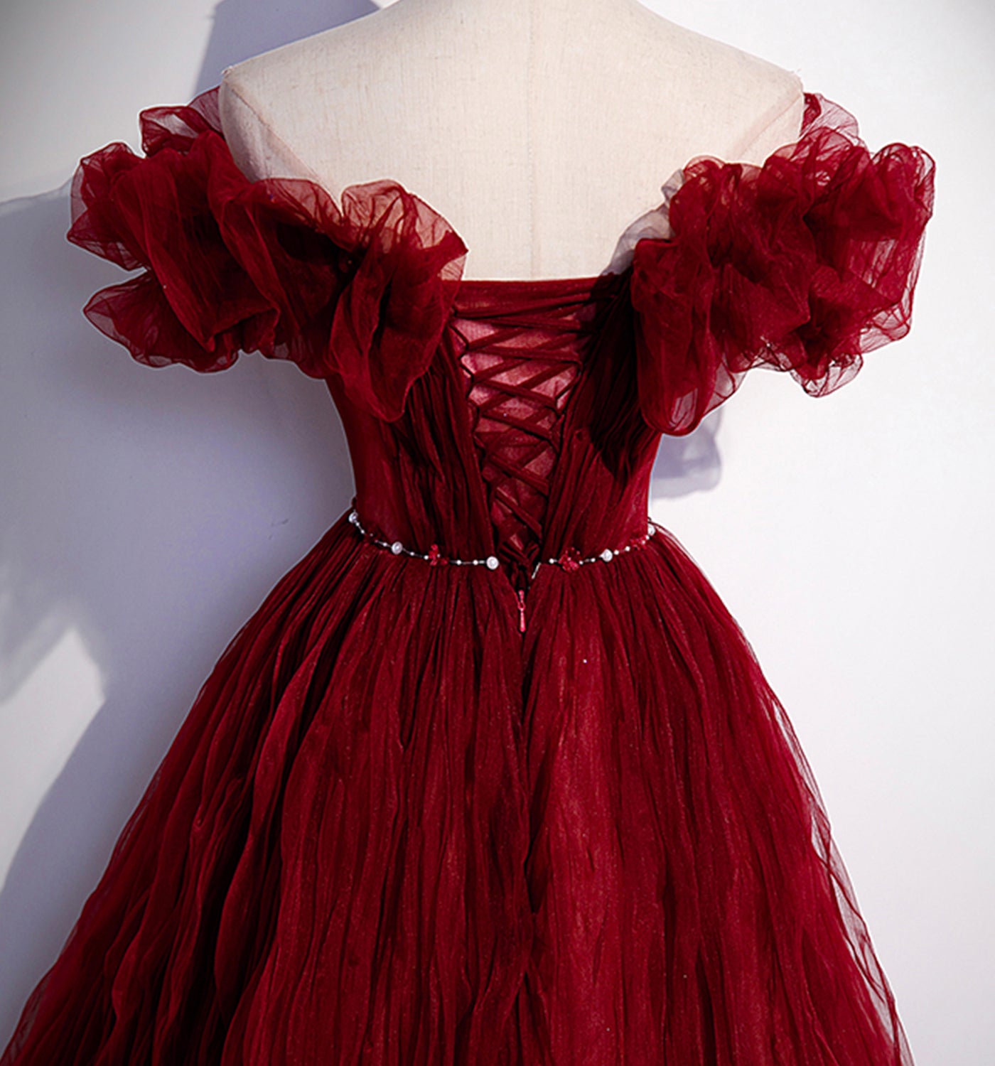 Burgundy tulle long prom dress A line evening gown  10006