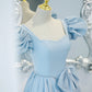 Blue saitn long A line prom dress blue evening dress  8840