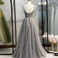 Gray tulle beads long prom gown evening dress  8437
