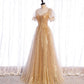 Gold tulle sequins long prom dress evening dress  8428