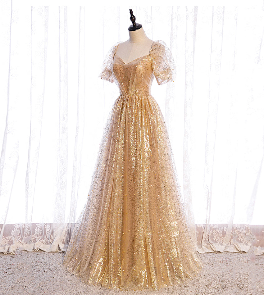 Gold tulle sequins long prom dress evening dress  8428