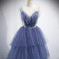 Blue tulle long A line prom dress blue evening dress  8864