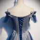 Shiny tulle sequins long prom dress blue evening dress  8429
