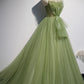 Green tulle long A line prom dress  8589