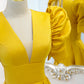 Yellow satin long A line prom dress evening dress  8847